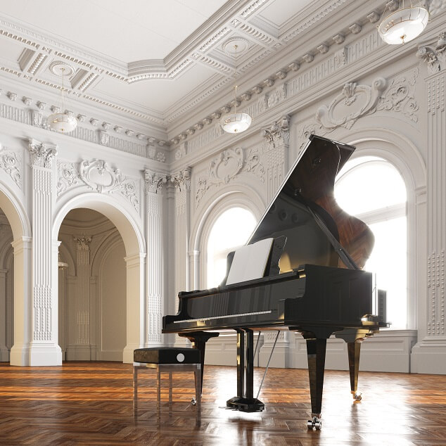 美しい建物の中にグランドピアノが置かれている様子