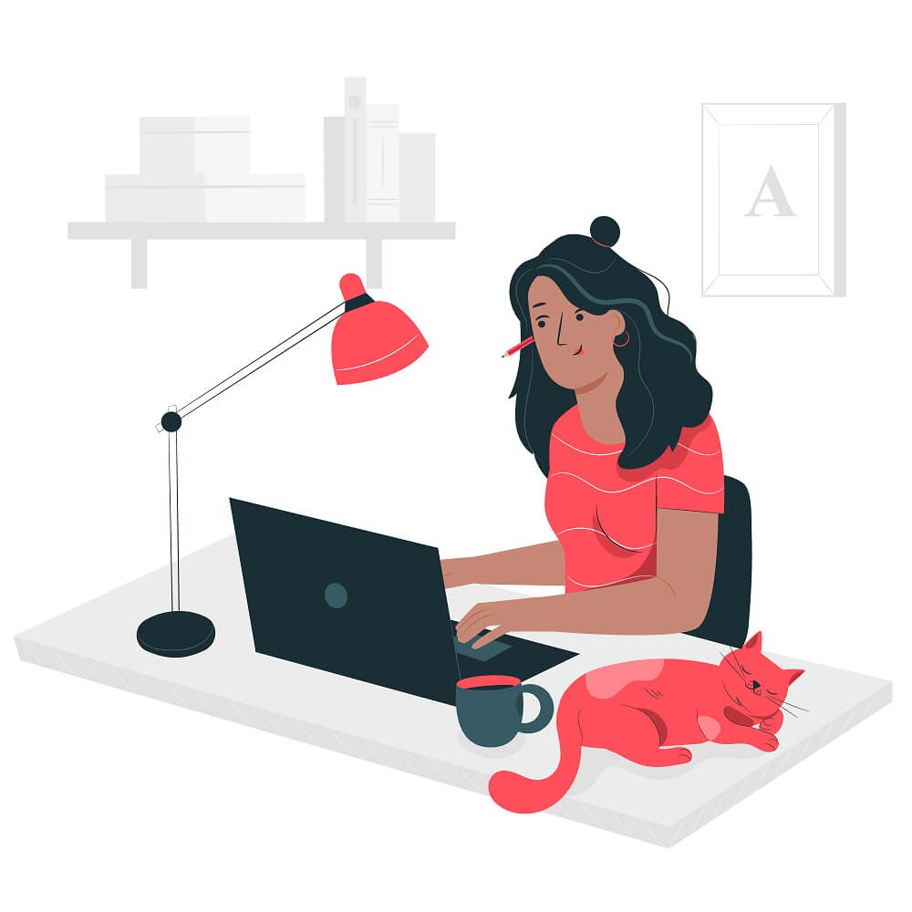 自由気ままに机の上でねそべっている猫の横で、仕事をする女性を描いたイラスト