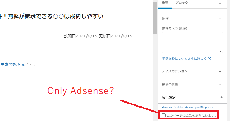 Advanced Adsの「このページの広告を無効にします。」というオプションのスクリーンショット。