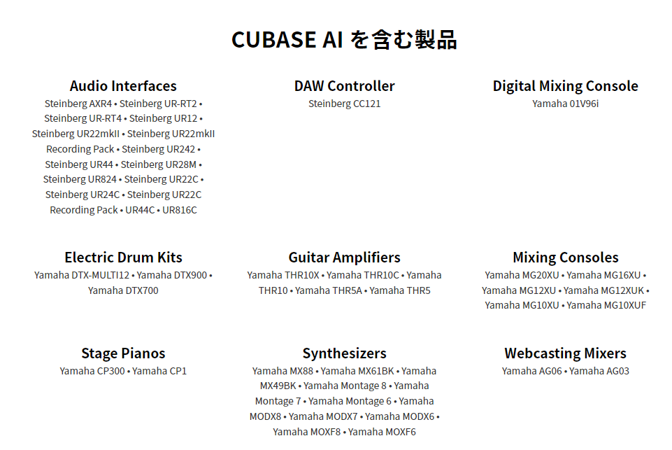 Cubase AIを含む製品。
・Audio Interfaces
・Electric Drum Kits
・Stage Pianos
・DAW Controller
・Guitar Amplifiers
・Synthesizers
・Digital Mixing Console
・Mixing Consoles
・Webcasting Mixers