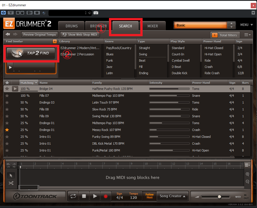 EZ Drummer2の操作画面。SEARCH→TAP 2 FINDを選択している状態。