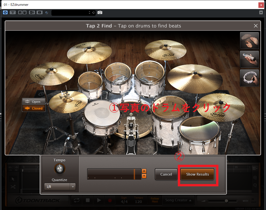 EZ Drummer2の操作画面。
Tap 2 Findを使用している。